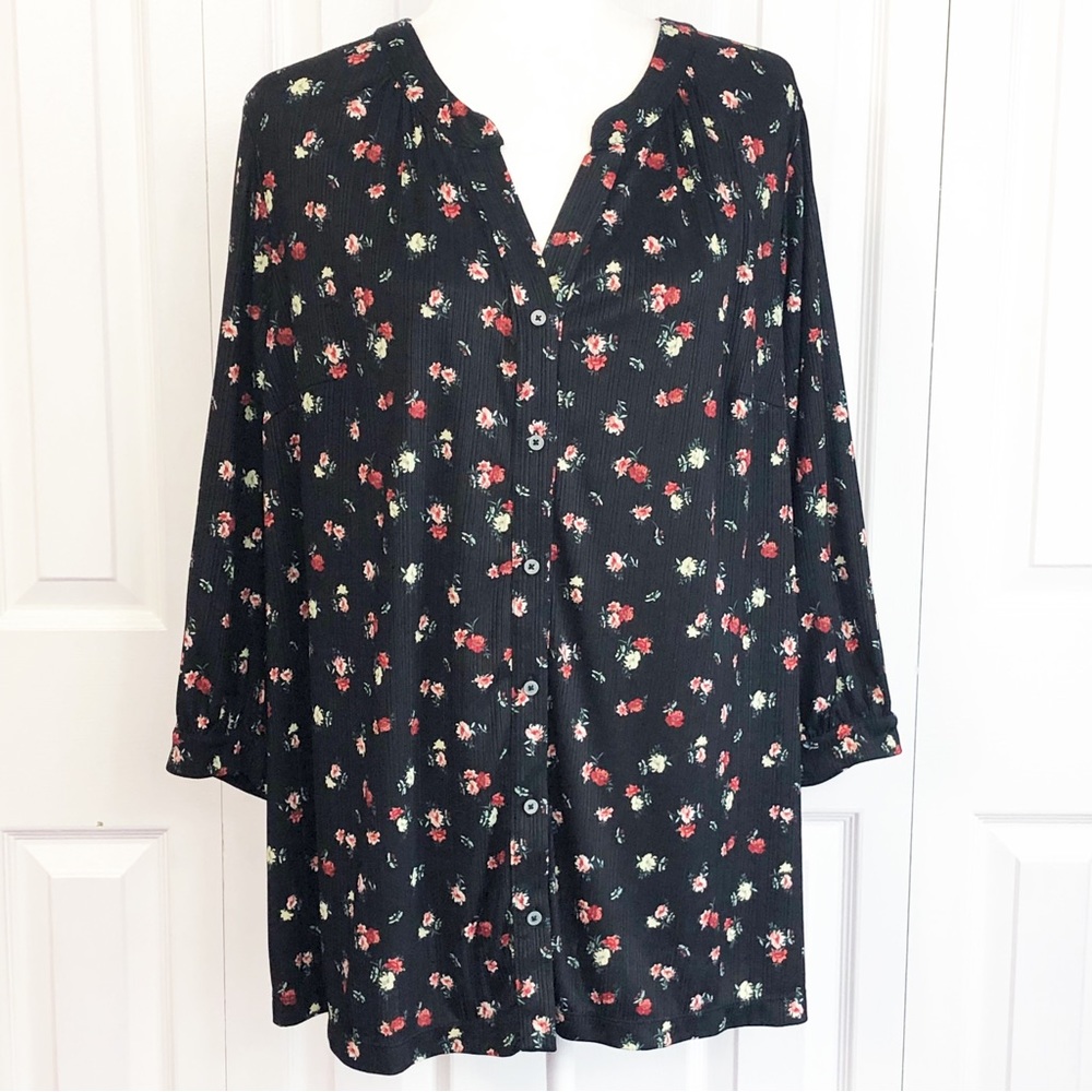 Lane Bryant 18/20 Black Floral Print Button Down 3/4 Sleeve Blouse Top
